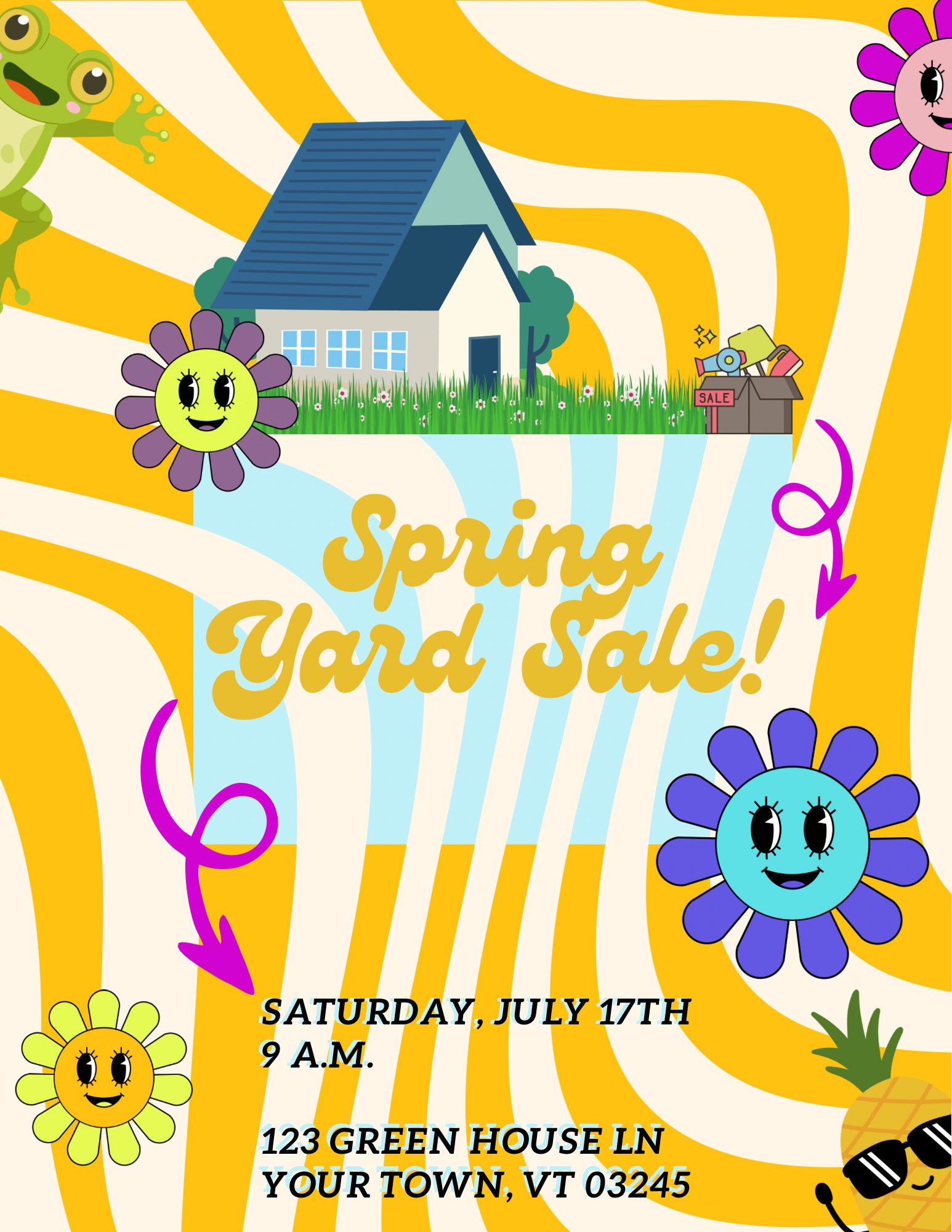 Graphic yard sale flyer with bold pricing and icons